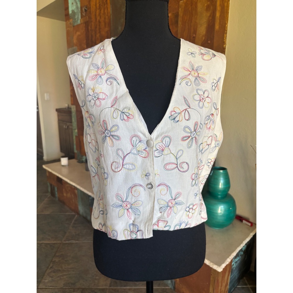 Halsey Collection Vintage Floral Embroidered Vest Cream Cotton Rayon Boho Medium